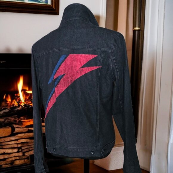 NEW BOWIE (LG) Black Denim Embroidered Metal Button Up Stretch Bomber Jacket - Picture 2 of 10